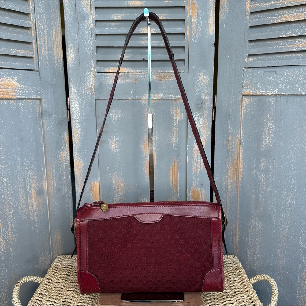 Gucci Vintage GG Monogram Canvas & Leather Shoulder Bag Burgundy